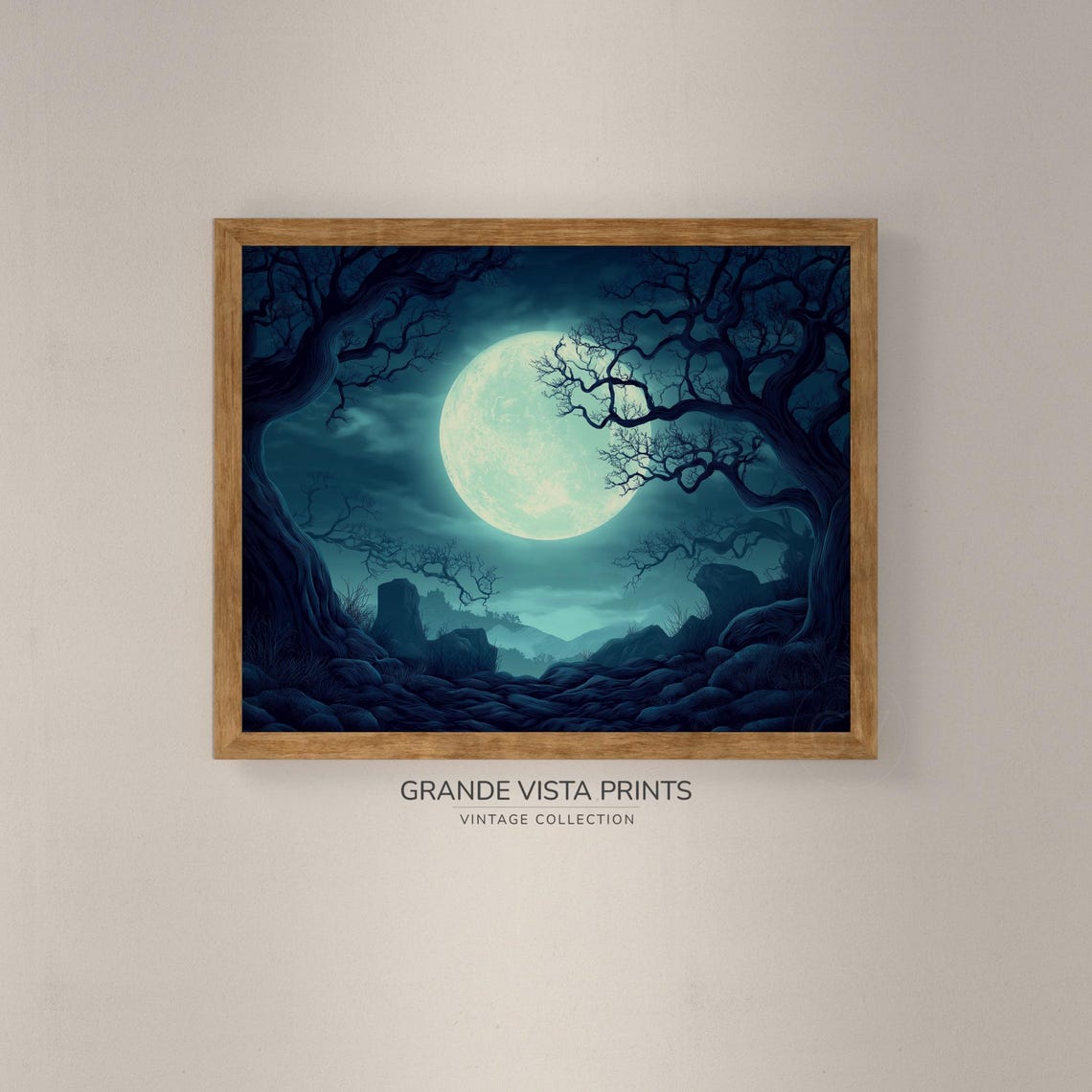 Blue Moon Rising Over Twisted Bare Trees Rocky Night Path Art Poster - Image 4