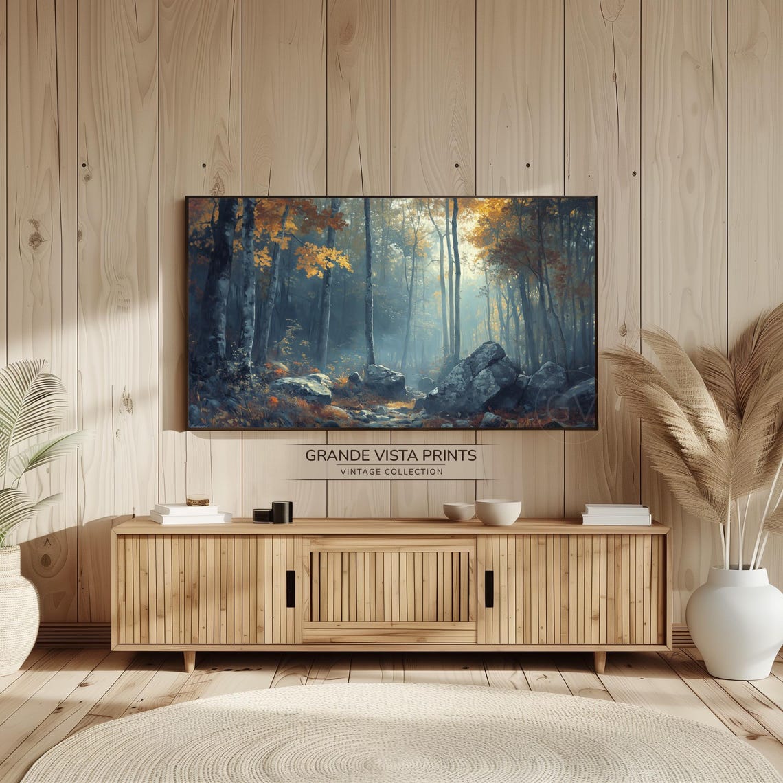 Autumn Forest Golden Birch Trees Sunlit Misty Vintage Painting - Image 2