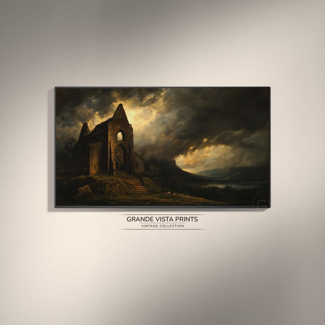 Spooky Chapel Ruins Golden Storm Clouds Vintage Haunted Halloween Art Poster