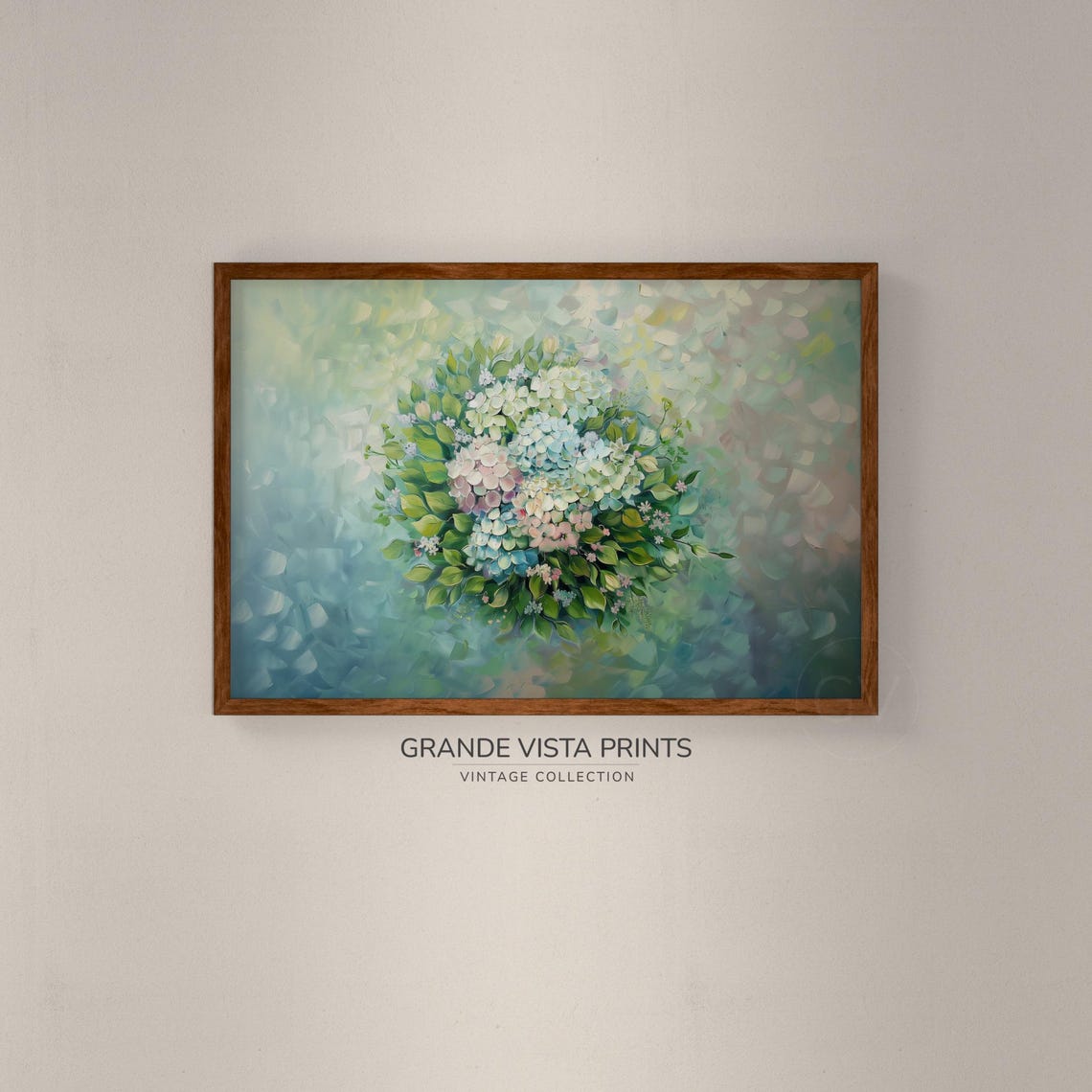 Soft White Blush Hydrangea Circle Bouquet Mint Impressionist Wall Art - Image 2