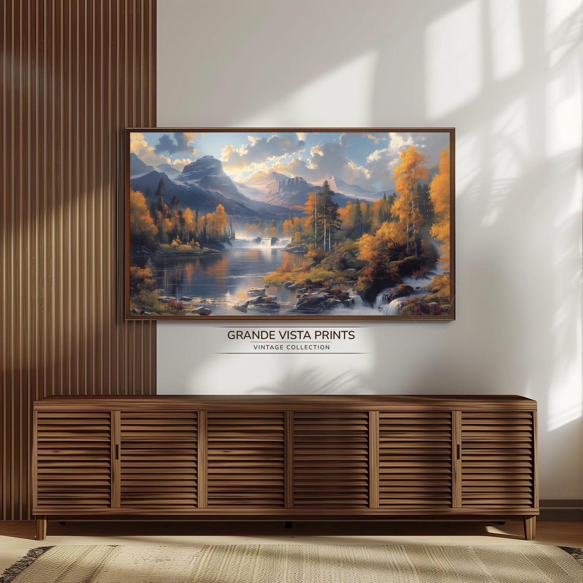 Autumn Mountain Lake Waterfall Orange Foliage Misty Peak Poster - Image 3