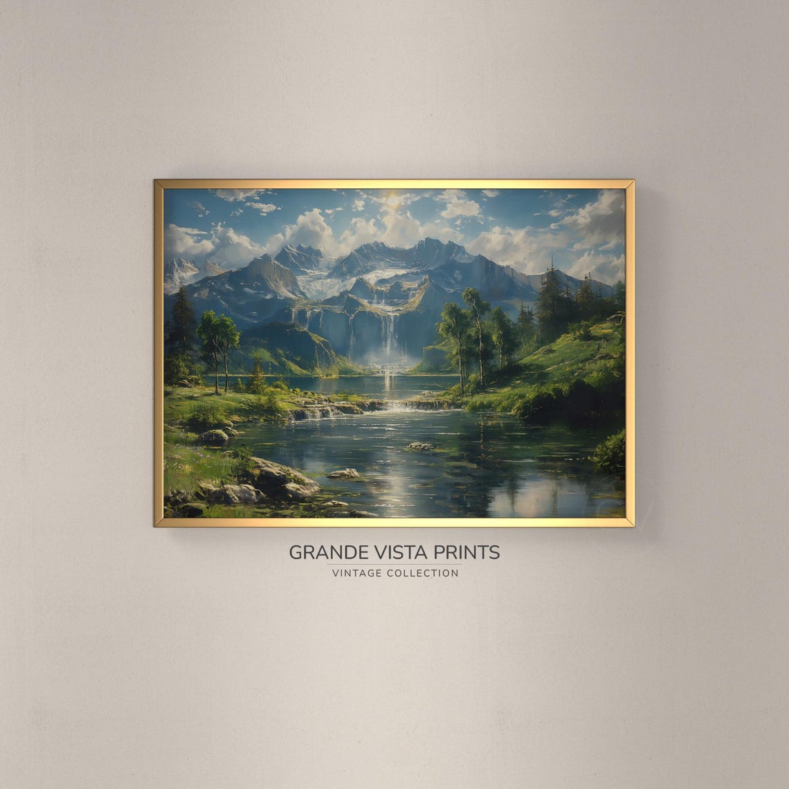 Idyllic Alpine Mountain Lake Waterfall Spring Landscape Wall Poster