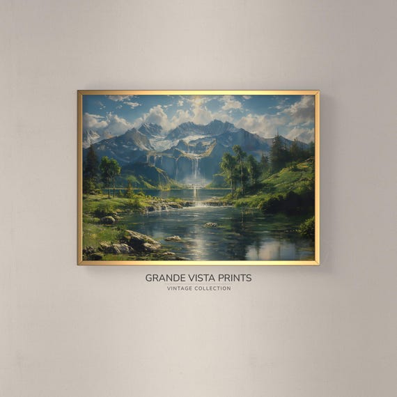 Idillic Mountain Spring Landscape Painting Instant Artwork Mountain Waterfall Print Gv4018