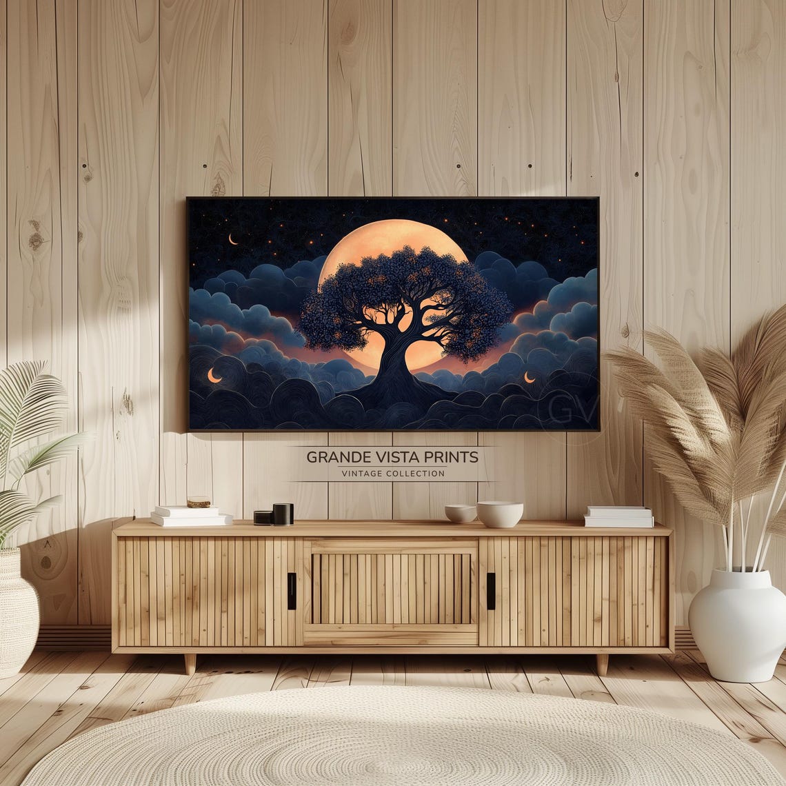 Full Moon Tree Silhouette Starry Night Waves Celestial Art Poster - Image 2