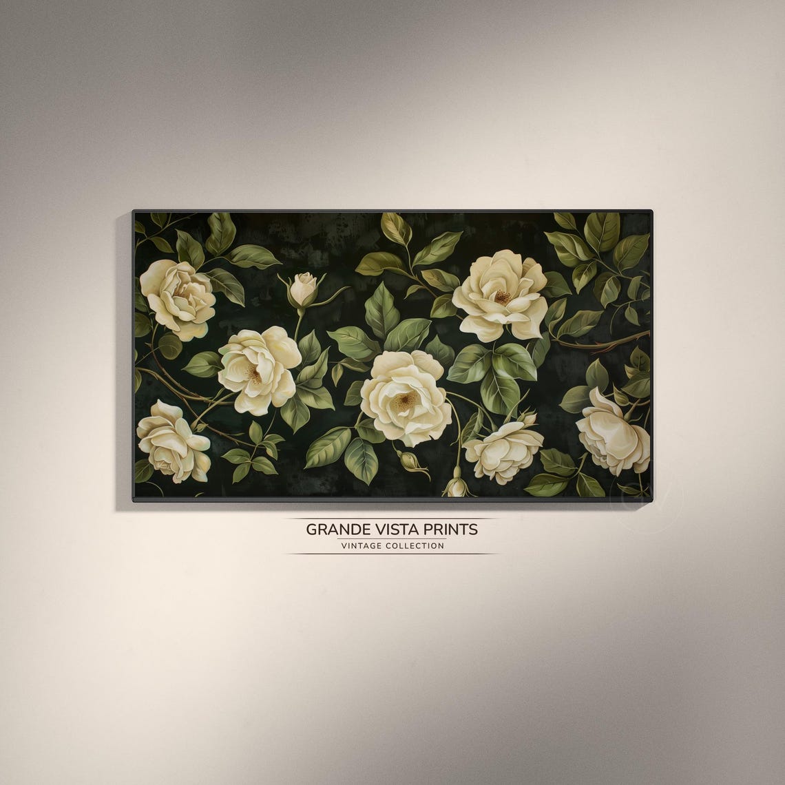 White Roses Dark Botanical Moody Floral Panoramic Vintage Wall Art