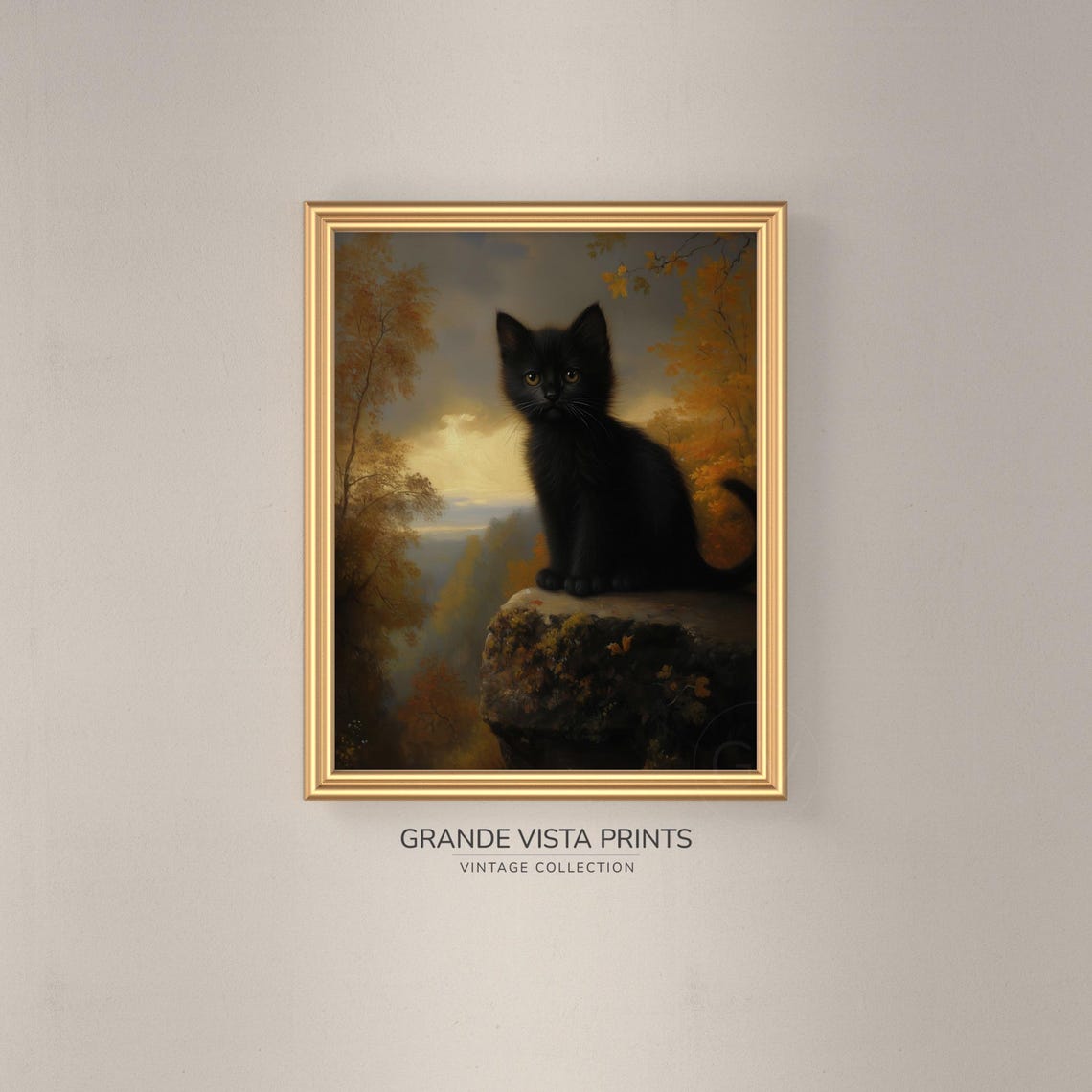 Black Kitten Cliff Ledge Autumn Forest Sunset Cute Cat Animal Wall Art - Image 3