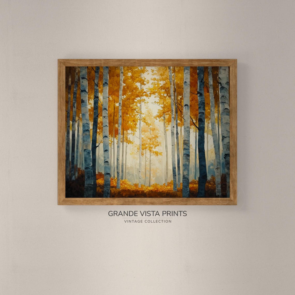 Bright Golden Birch Grove White Trunks Mist Vintage Autumn Art - Image 4