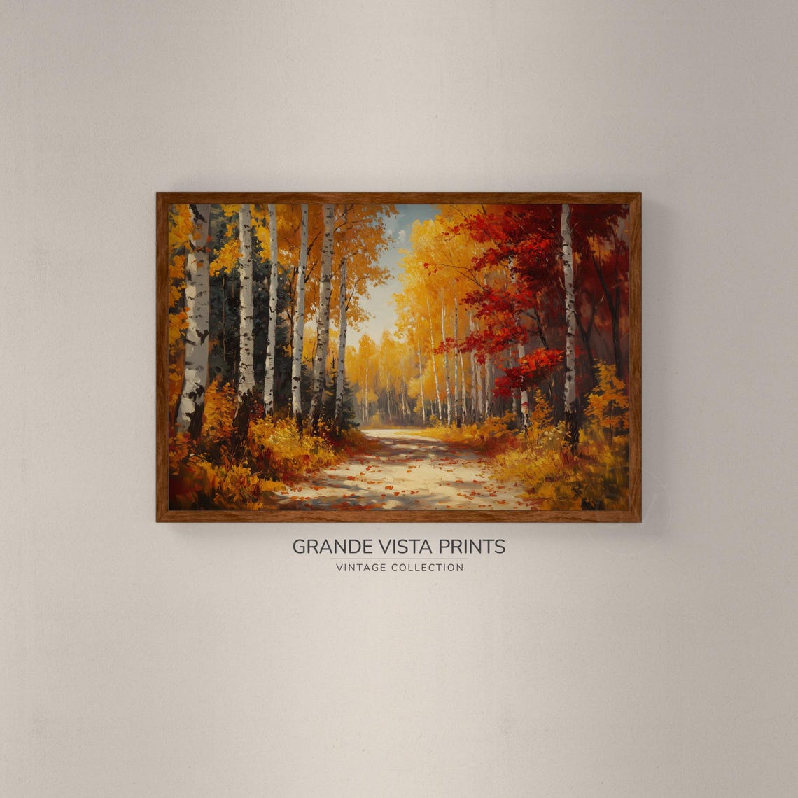 Sun Dappled Birch Alley Golden Canopy Red Accents Fall Road Art Poster - Image 2