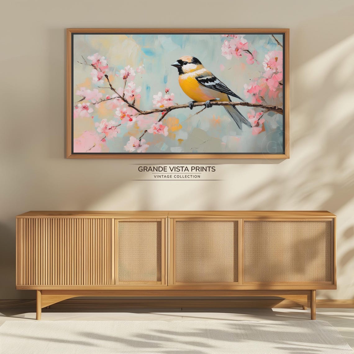 Yellow Breasted Songbird Pink Cherry Blossom Spring Bird Art Poster - Image 4