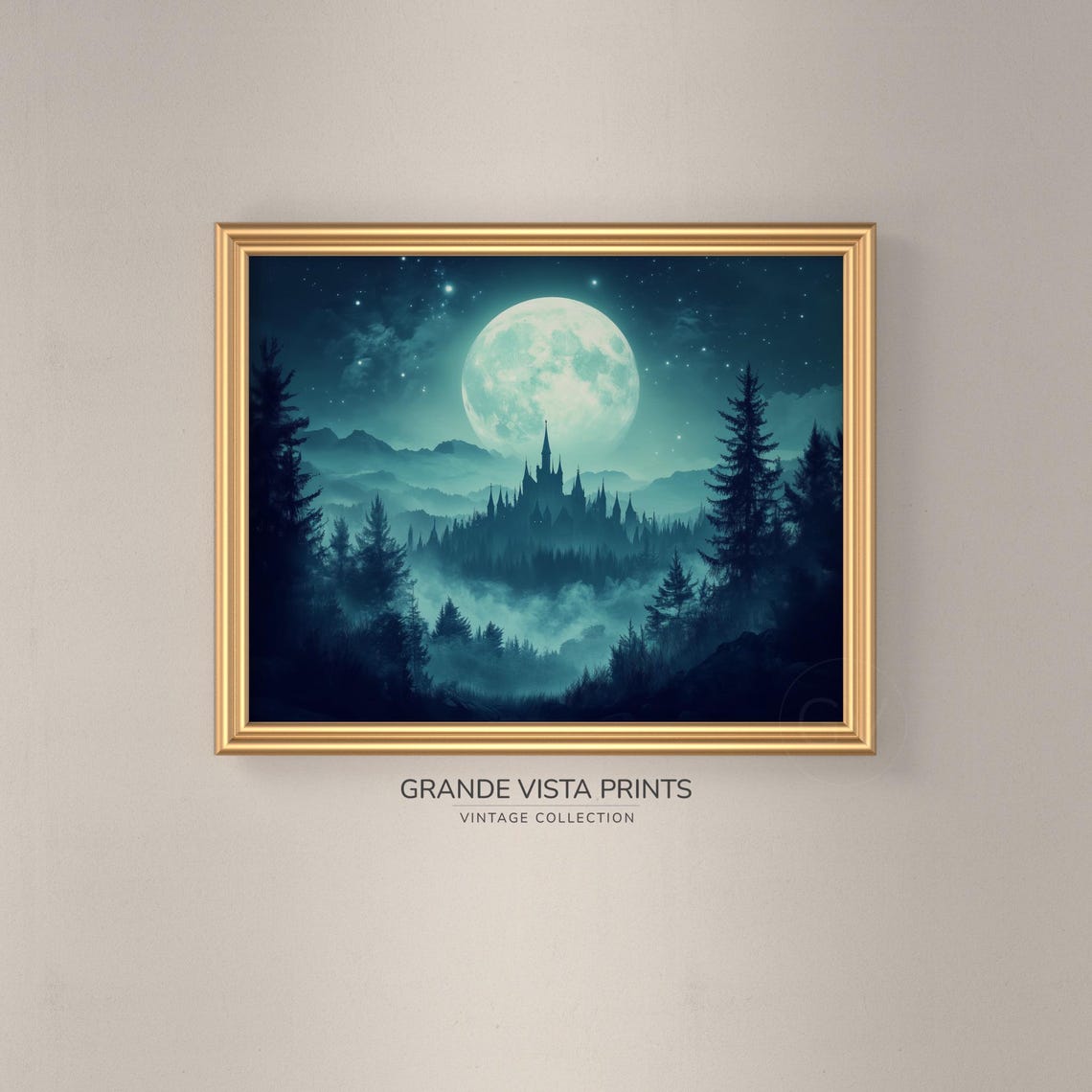 Full Moon Over Misty Castle Valley Dark Pine Forest Night Sky Poster - Image 3