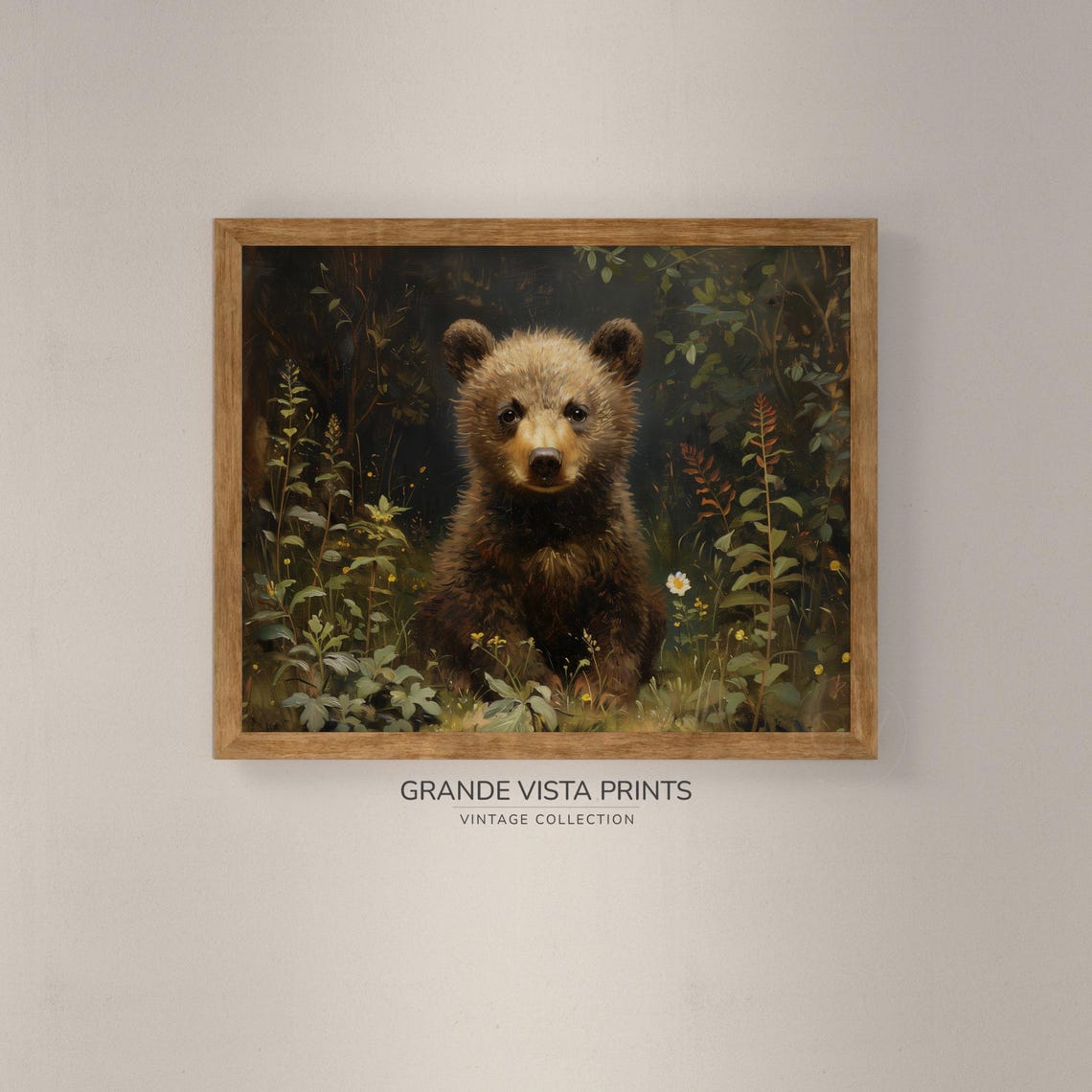 Brown Bear Cub Wildflower Meadow Dark Forest Vintage Wildlife Poster - Image 4