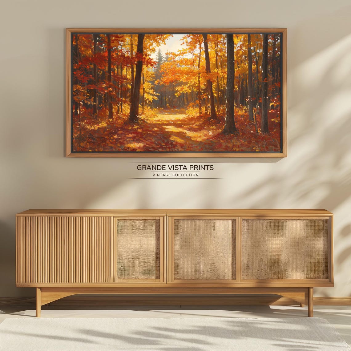 Fiery Autumn Forest Sunbeams Through Red Orange Canopy Fall Art Poster - Image 4