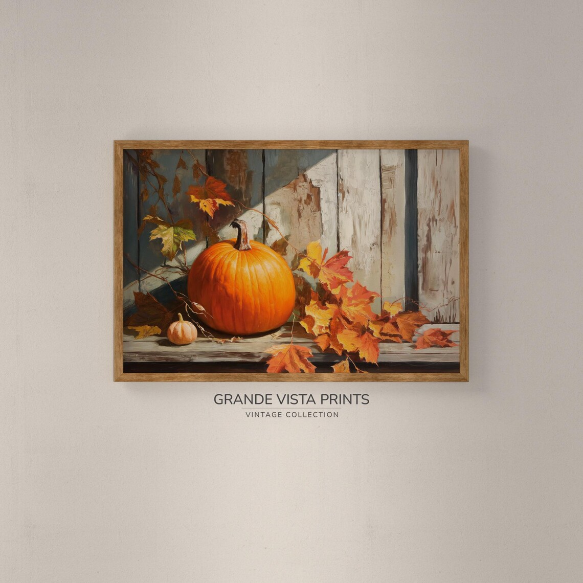 Orange Pumpkin Small Gourd Wooden Bench Weathered Boards Fall Art Poster - Image 2