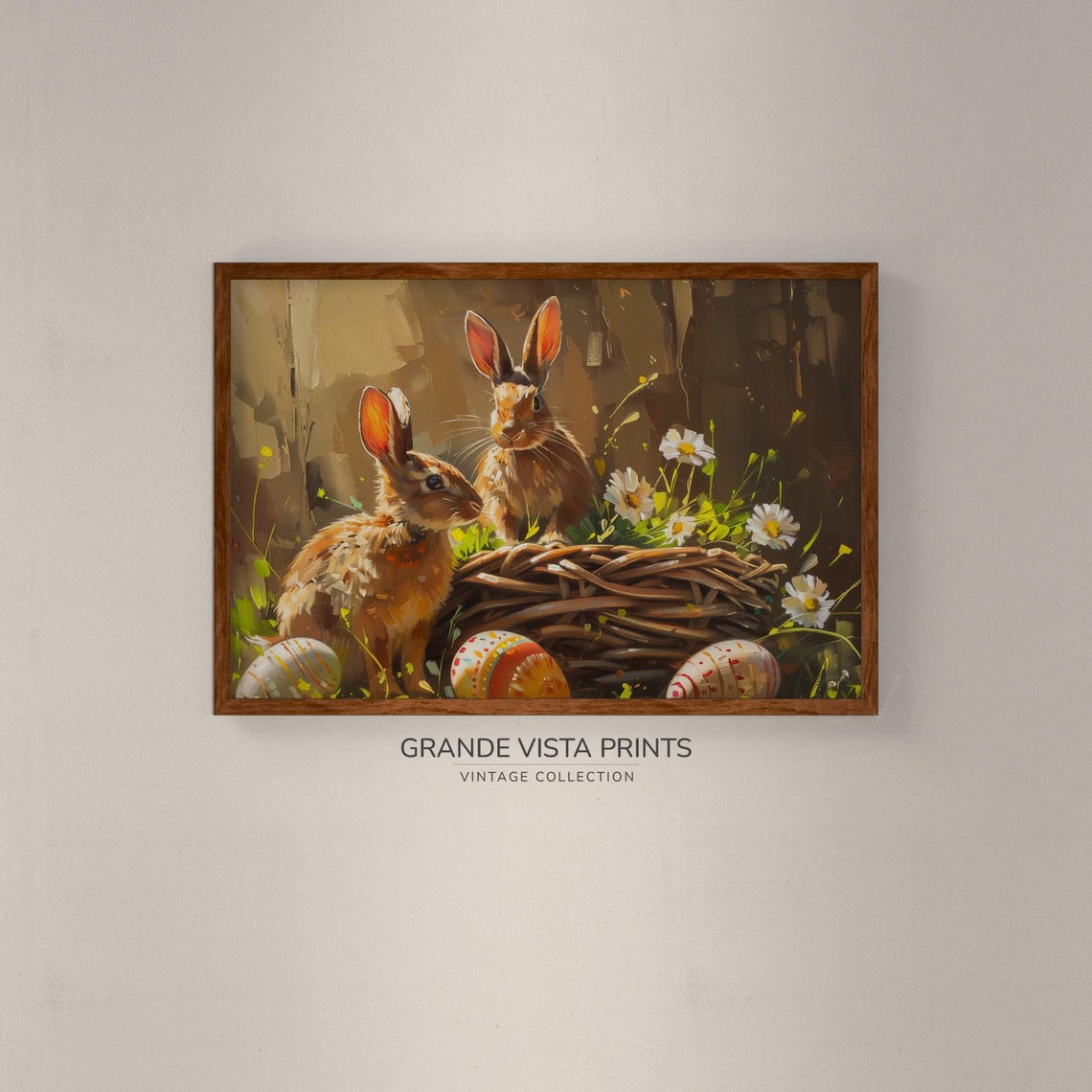 Two Easter Bunnies Nest Painted Eggs Daisies Spring Art Poster - Image 2