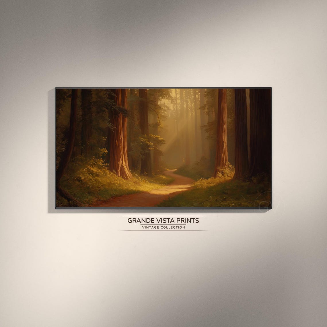Sunlit Forest Path Golden Light Rays Towering Trees Vintage Poster