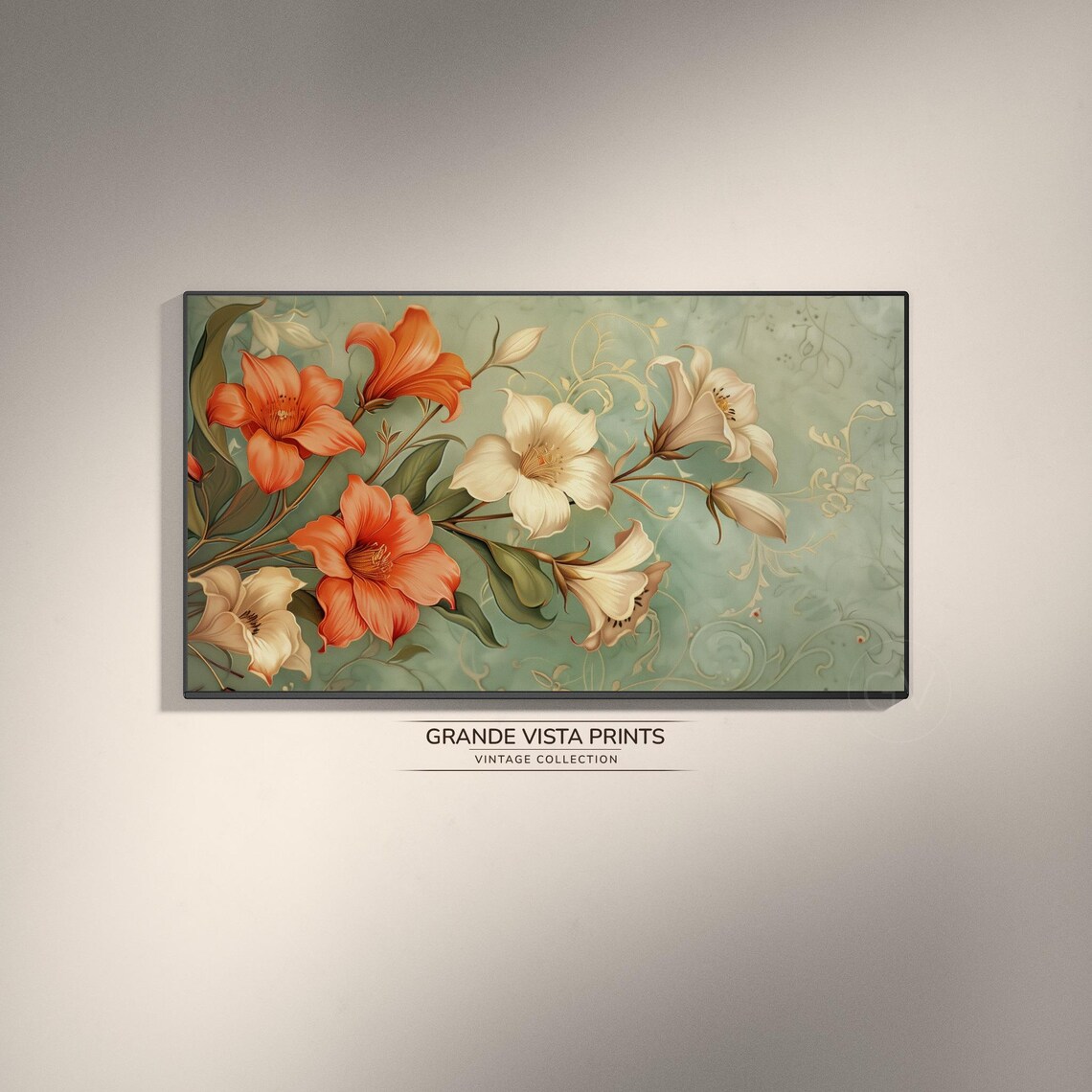 Coral Cream Trumpet Lilies on Sage Green Nouveau Floral Wall Art Print