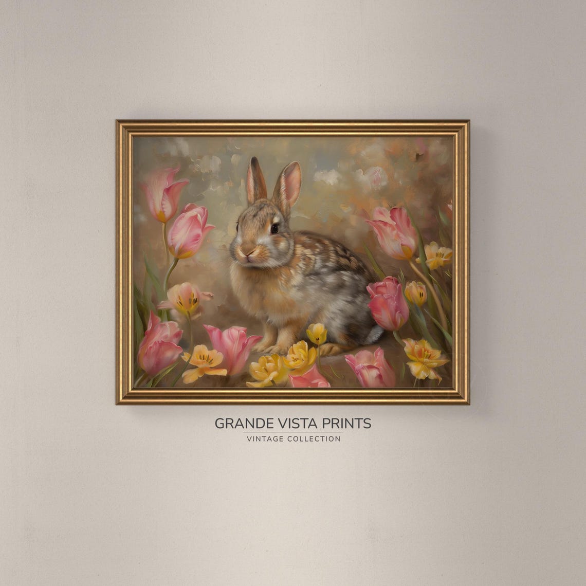 Brown Rabbit Among Pink Tulips and Daffodils Vintage Easter Wall Art - Image 3