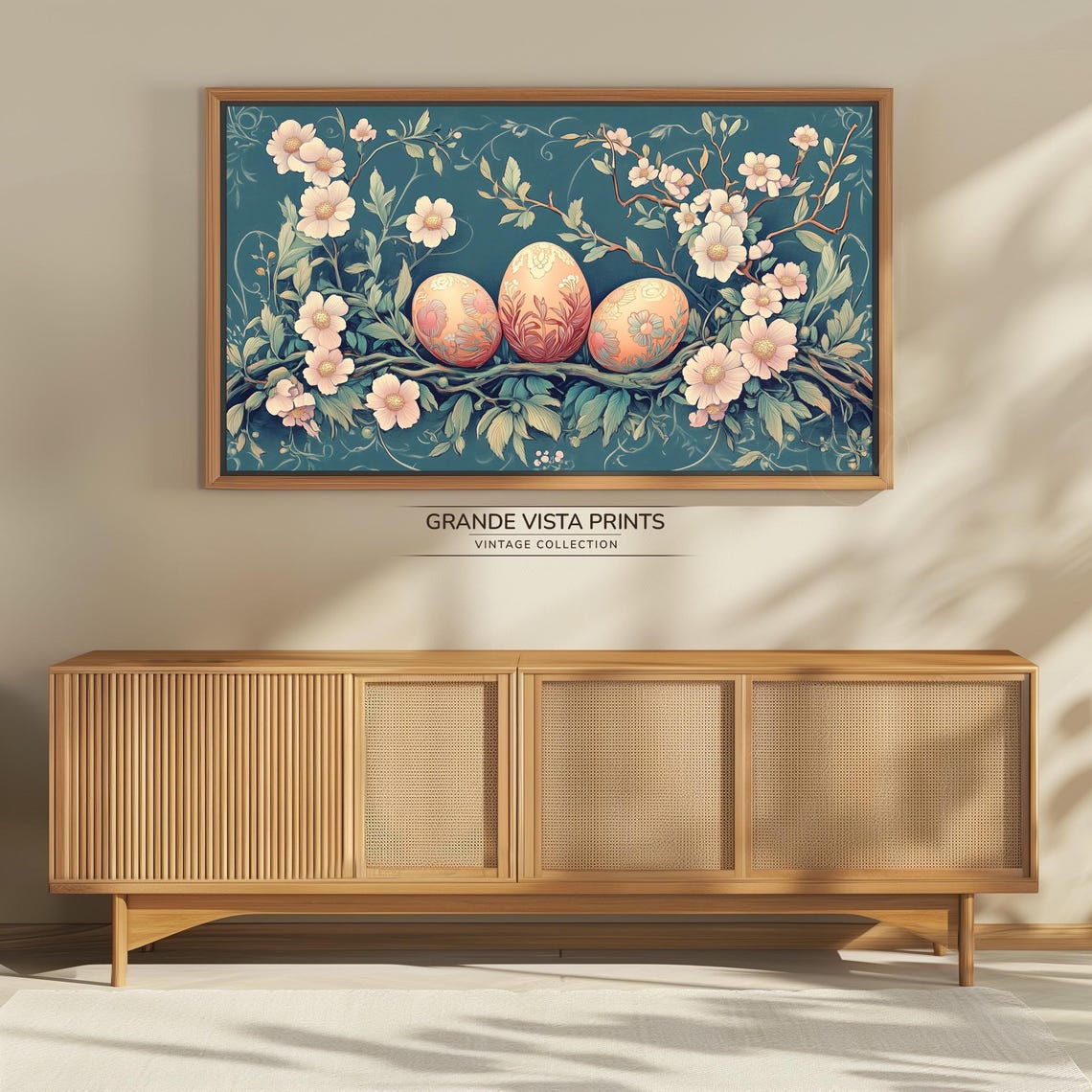 Three Ornate Painted Easter Eggs Blossom Branch Teal Botanical Poster - Image 4