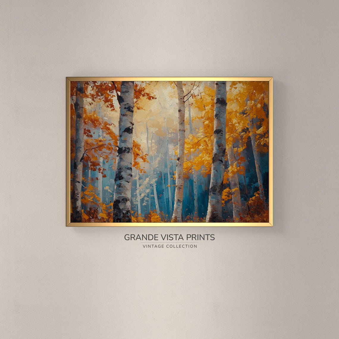 Misty Blue Birch Forest Foggy Autumn Trees Landscape Painting Poster
