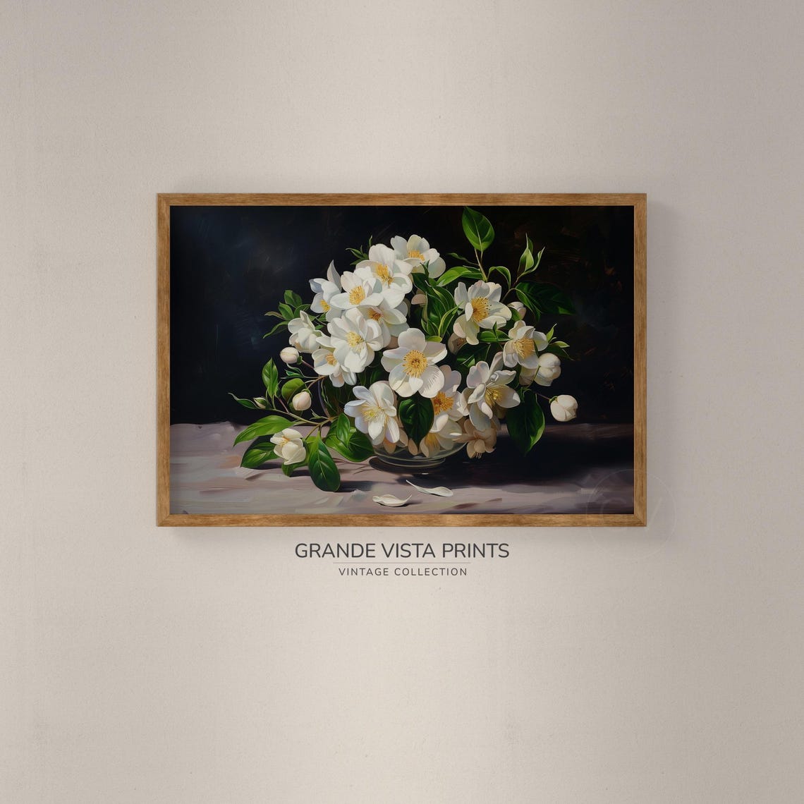 White Blossom Bowl Dramatic Dark Background Floral Still Life Wall Art - Image 2