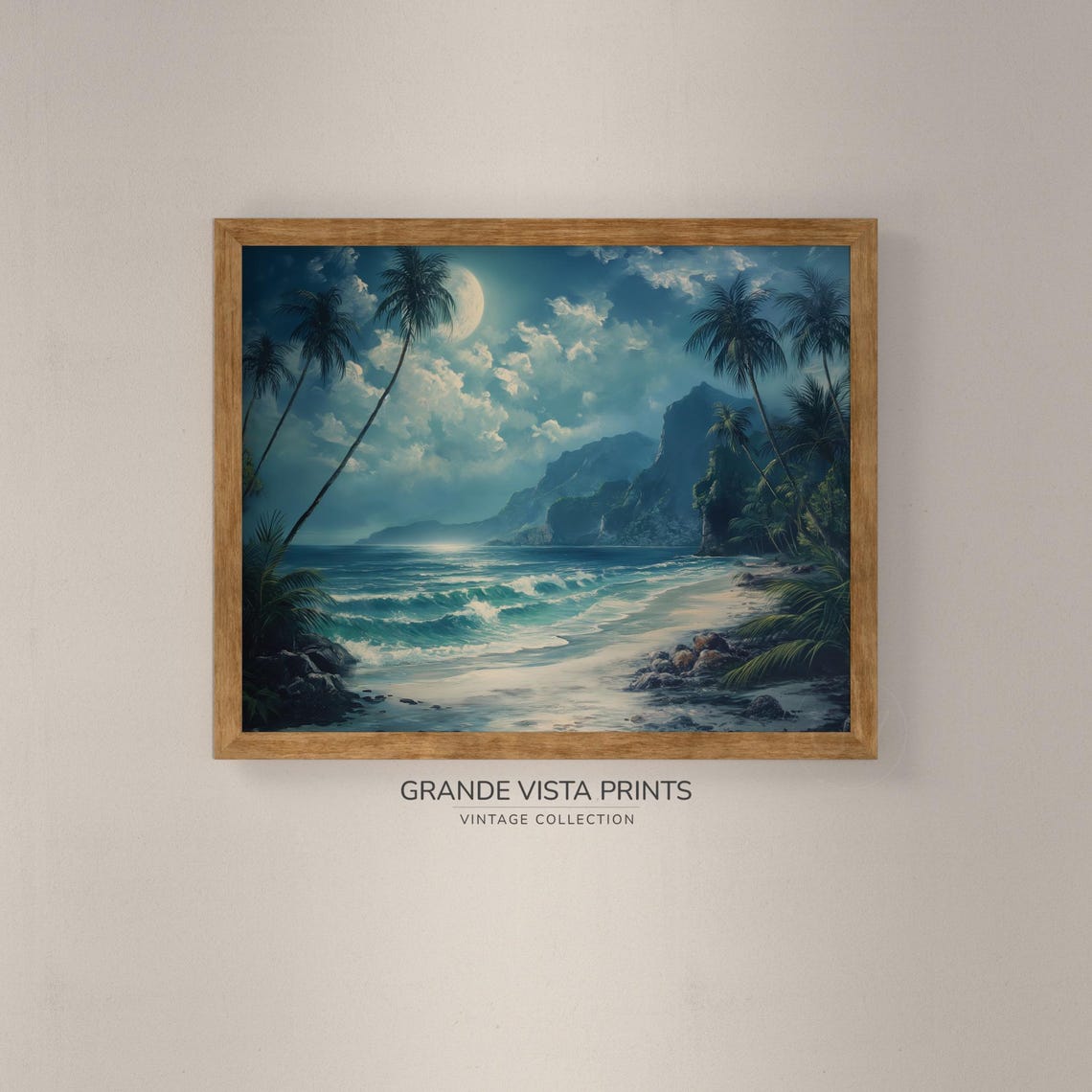 Tropical Moonlit Beach Palm Shore Cliffs Ocean Waves Travel Poster - Image 4