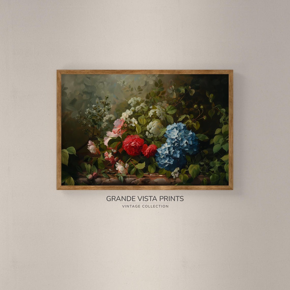 Red Roses Blue Hydrangea White Blossoms Moody Still Life Floral Poster - Image 2