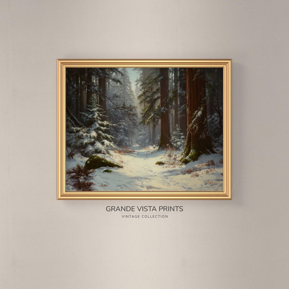 Snowy Redwood Forest Winter Path Sunlit Evergreens Vintage Poster - Image 3