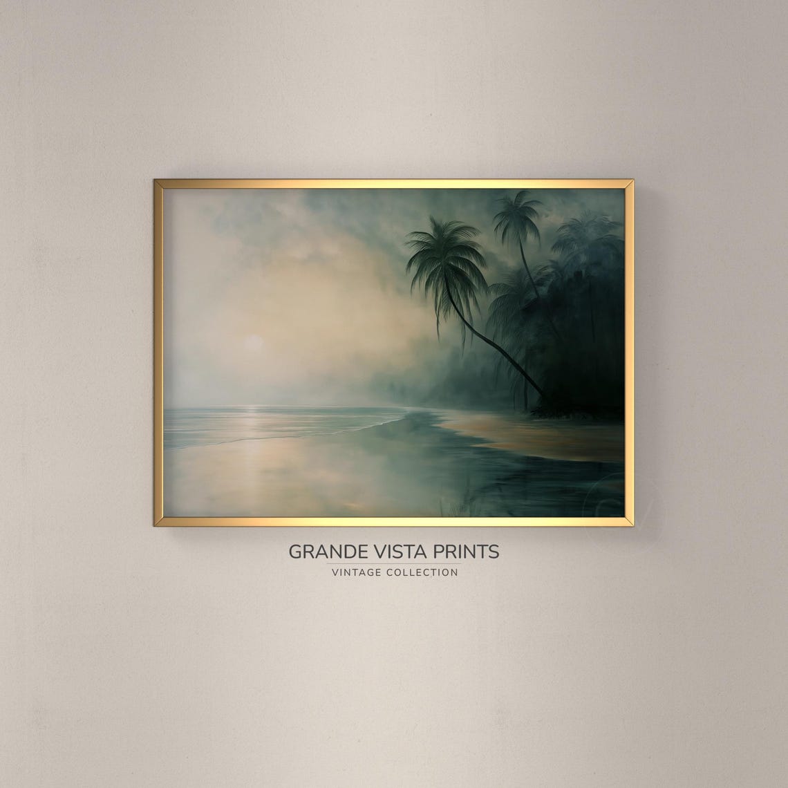 Dark Tropical Beach Misty Palm Trees Moody Ocean Shoreline Art Poster