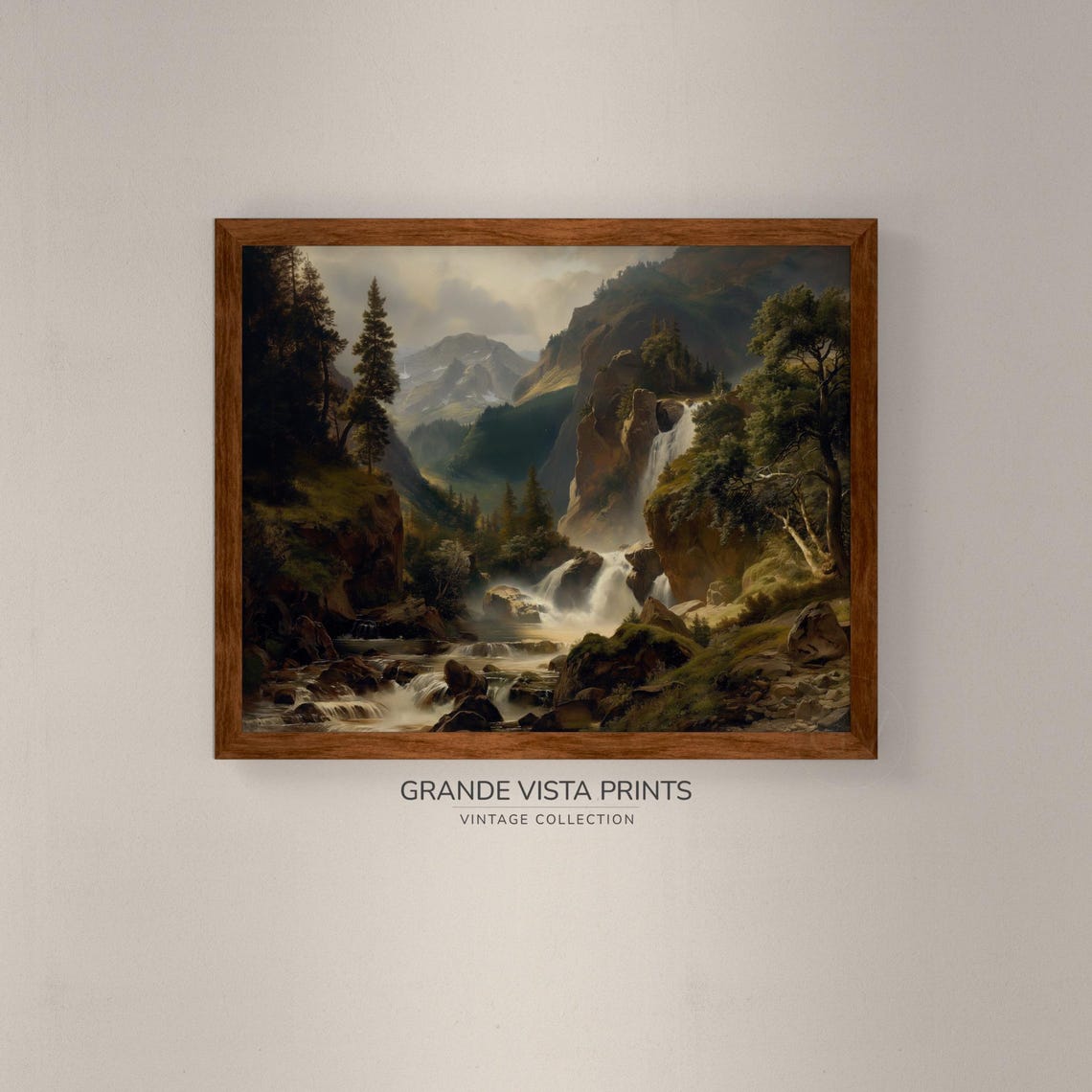 Alpine Waterfall River Valley Pines Misty Peaks Vintage Poster - Image 4