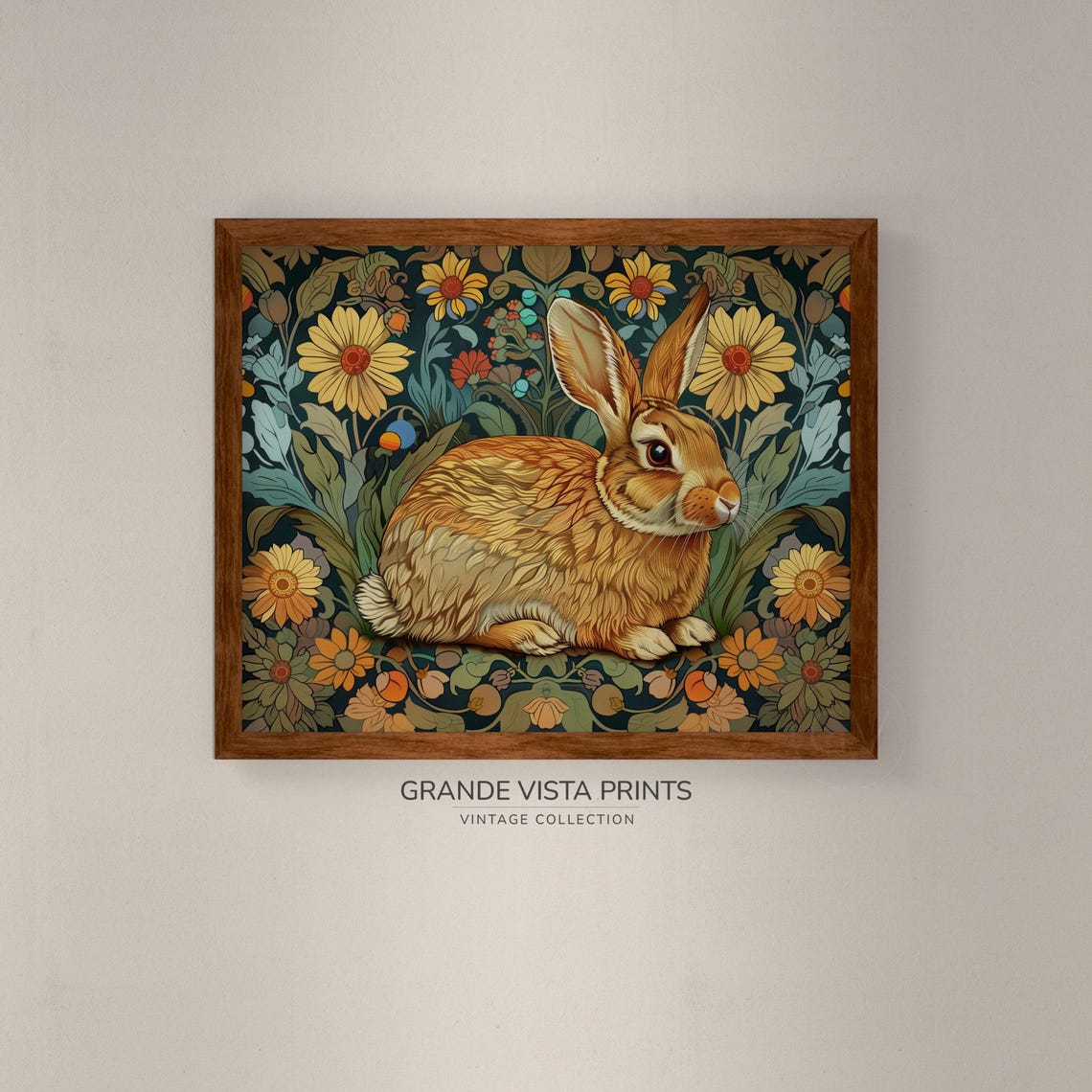 Golden Rabbit Stylized Floral Pattern Daisies Teal Vintage Print - Image 4