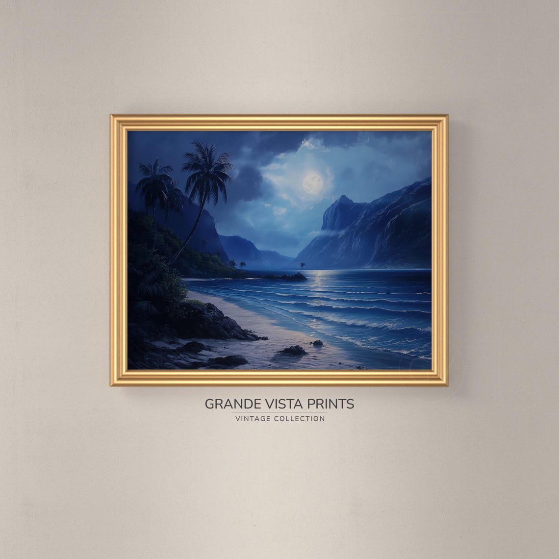 Tropical Blue Night Beach Moonlit Waves Cliffs Coastal Travel Poster - Image 3