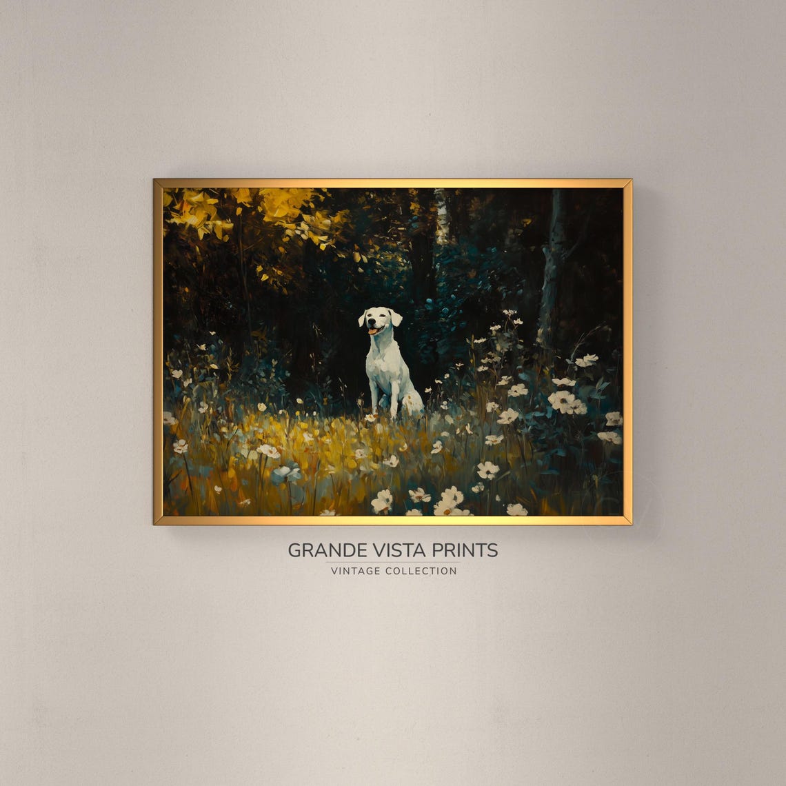 White Dog Wildflower Meadow Dusk Moody Vintage Animal Painting Poster