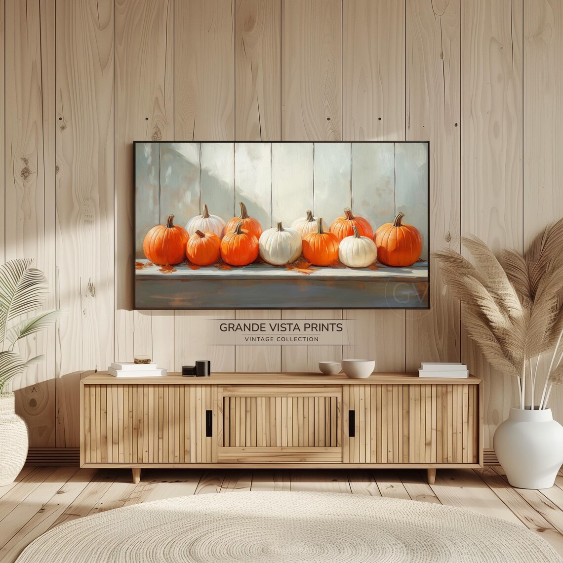 Orange White Pumpkins Row Sunlit Shelf Vintage Fall Farmhouse Art Poster - Image 2