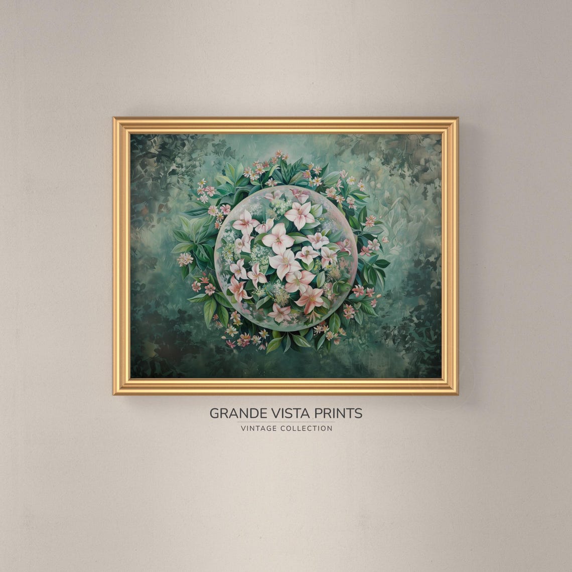 Pink Lily Floral Mandala Wreath Green Botanical Vintage Art Print - Image 3