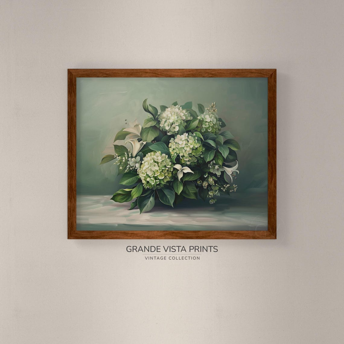 White Hydrangeas White Lilies Green Leaves Sage Vintage Floral Poster - Image 4