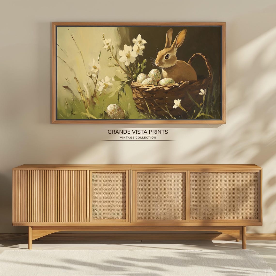Brown Bunny Basket Speckled Easter Eggs White Flowers Vintage Print - Image 4