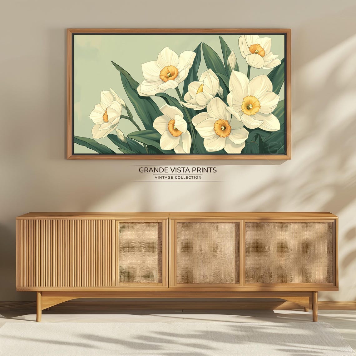 White Daffodil Blossoms Orange Cups Sage Green Botanical Wall Poster - Image 4