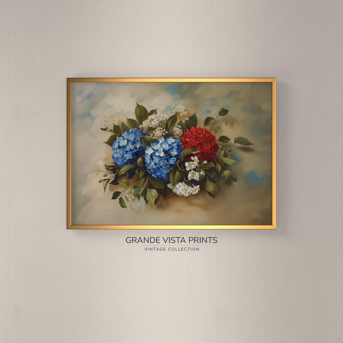 Red Blue Hydrangea Blossom Bouquet Vintage Floral Still Life Poster
