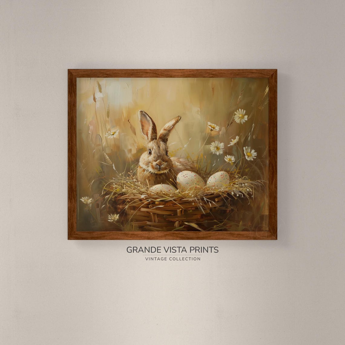 Brown Bunny with Easter Egg Basket in Golden Daisy Meadow Easter Print - Image 4