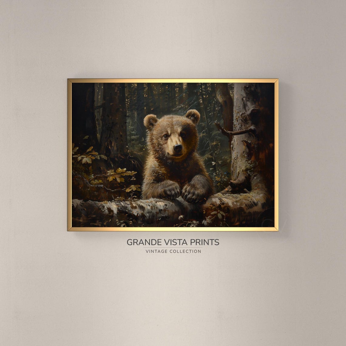 Bear Cub Birch Log Forest Vintage Wildlife Portrait Wall Poster