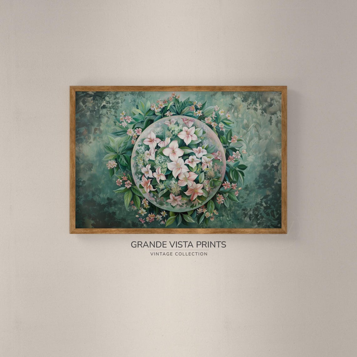 Pink Lily Floral Mandala Wreath Green Botanical Vintage Art Print - Image 2