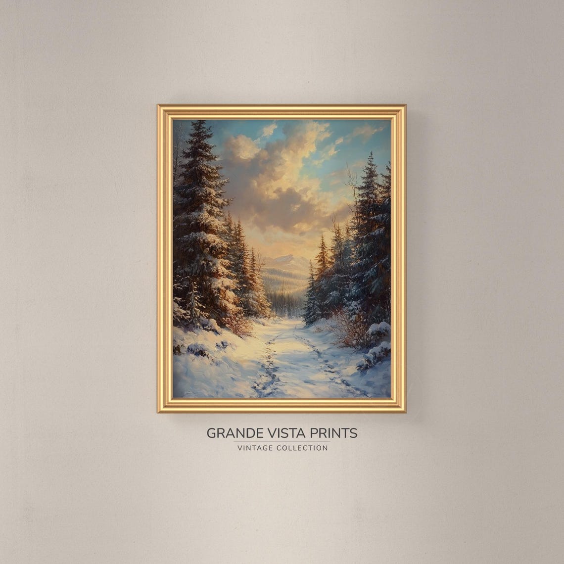 Snowy Forest Trail Golden Sunset Winter Mountain Landscape Poster - Image 3