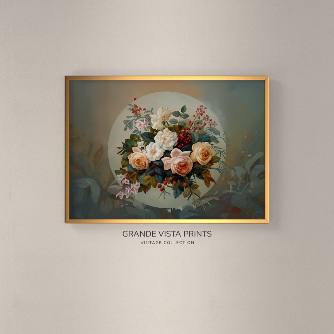 White and Peach Roses Red Berry Bouquet Circle Moody Floral Poster