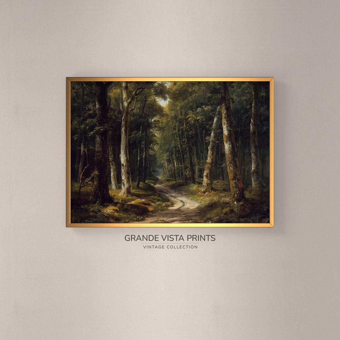 Deep Forest Path Tall Trees Sunlit Trail Vintage Woodland Art Poster