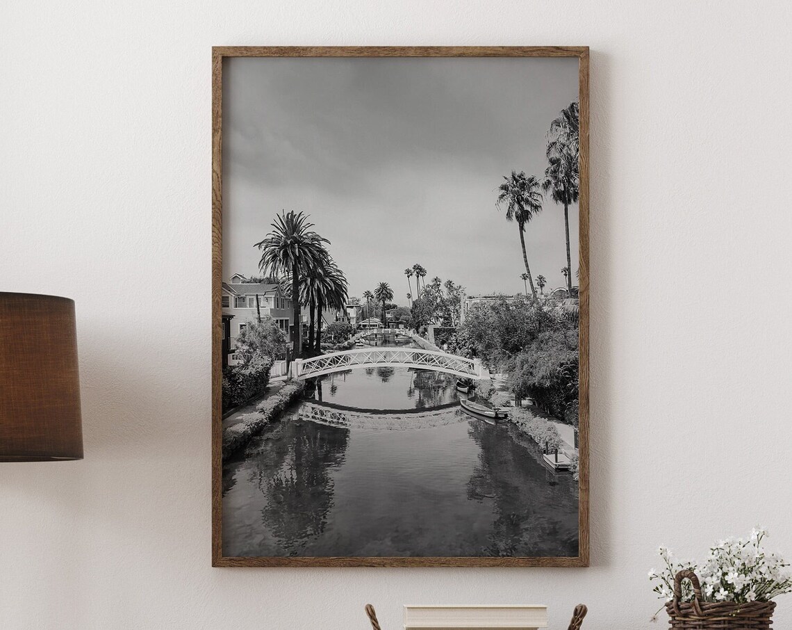 Black and White Canal Palm Trees Bridge Photography Wall Poster