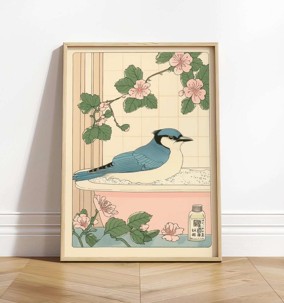 Blue Jay Bird Relaxing in Japanese Bathtub Floral Ukiyoe Wall Art