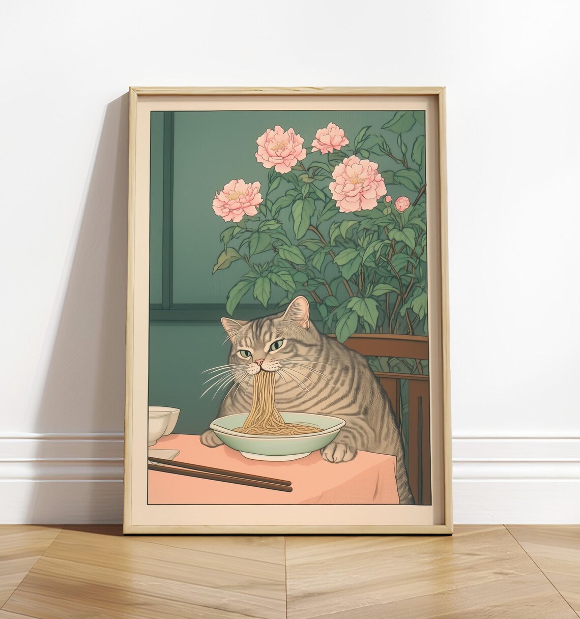 Tabby Cat Eating Noodles Ukiyo-e Art Print