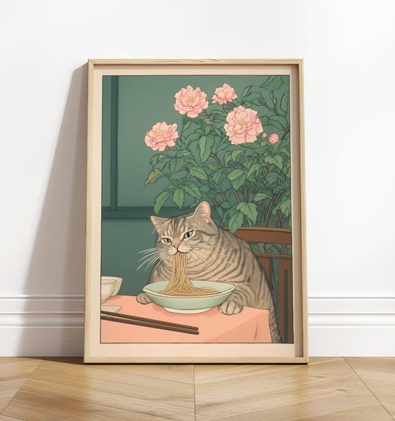 Tabby Cat Eating Noodles Ukiyo-e Art Print