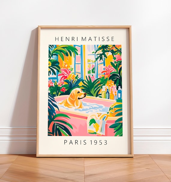 Beige Labrador In Bathtub Dog Art Print Funny Bathroom Wall Art Dopamine Decor Matisse Print Tropical Bathroom Decor Maximalist Poster