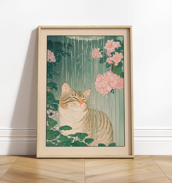 Tabby Cat Shower Ukiyoe Botanical Art Print